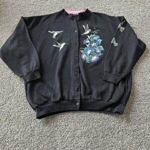 Vintage Morning Sun Cardigan Sweater Womens XL Black Hummingbird Floral Graphic